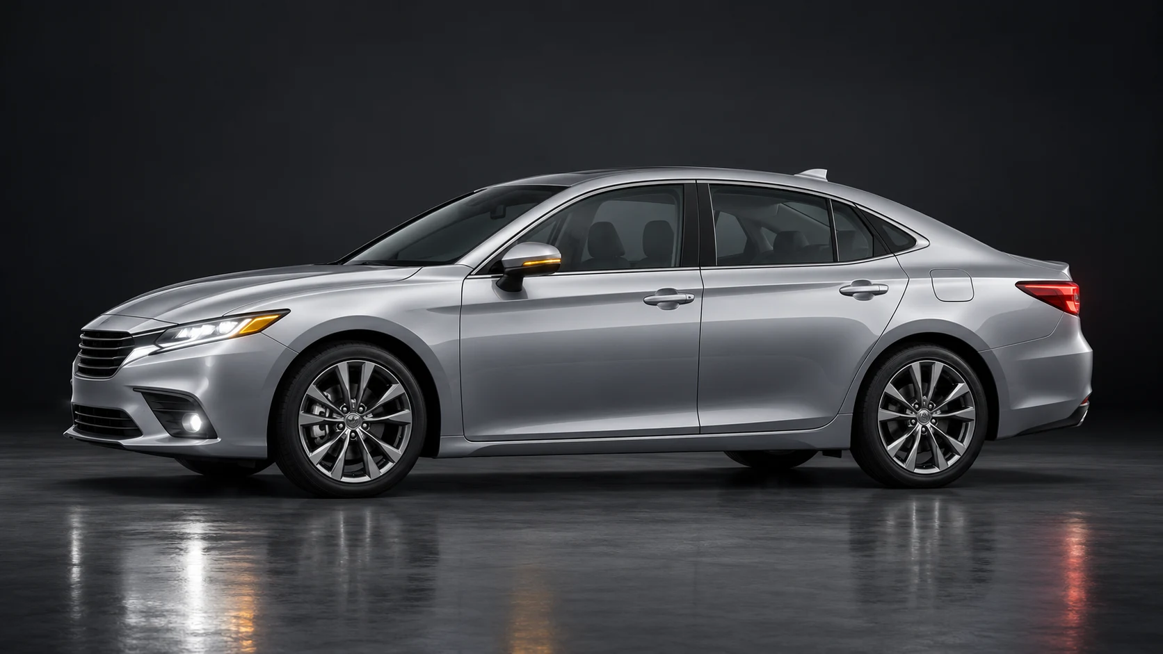 Illustrative silver sedan with front facing left